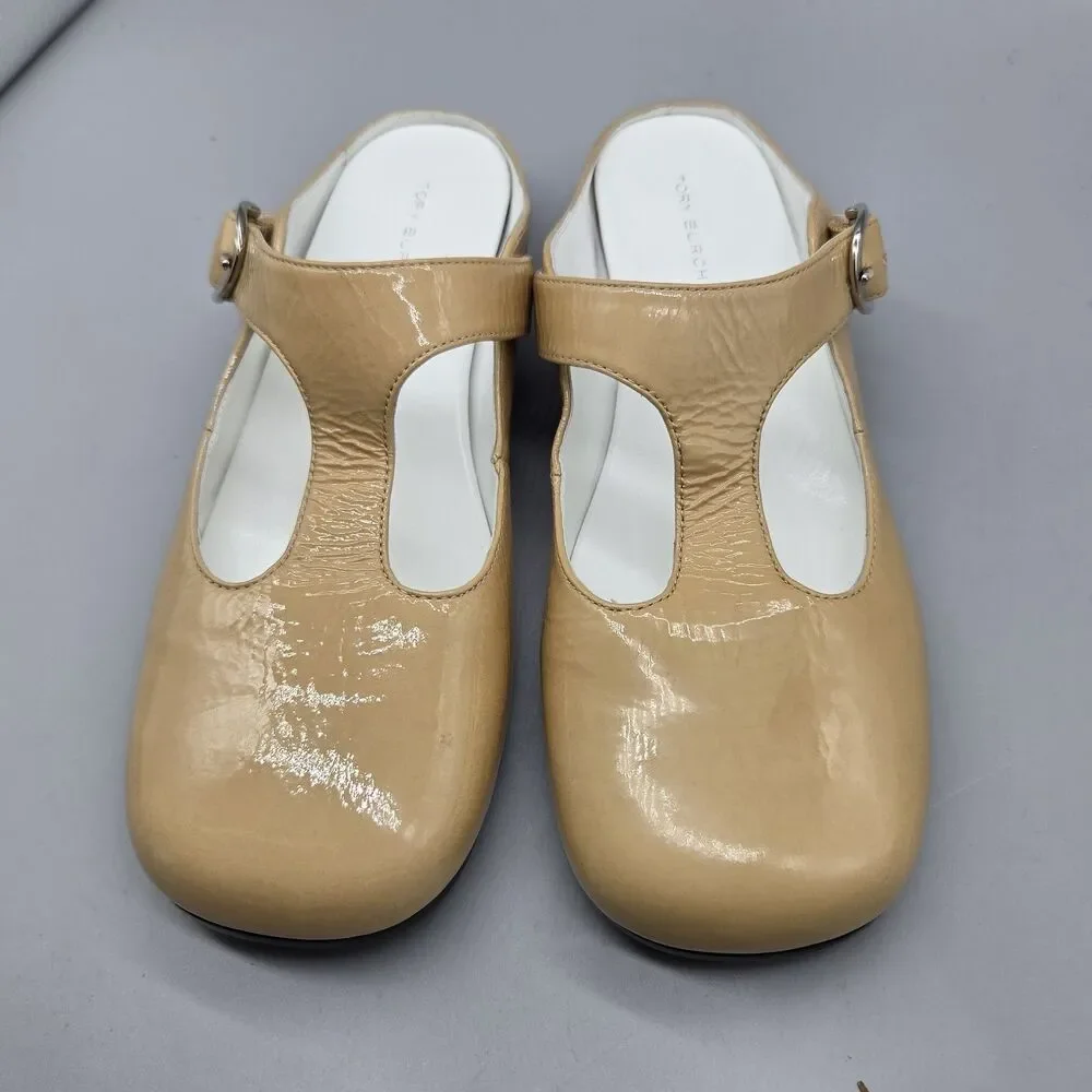 Tory Burch Violet sand patent leather T- Strap Mule slide shoes sz 7 NEW